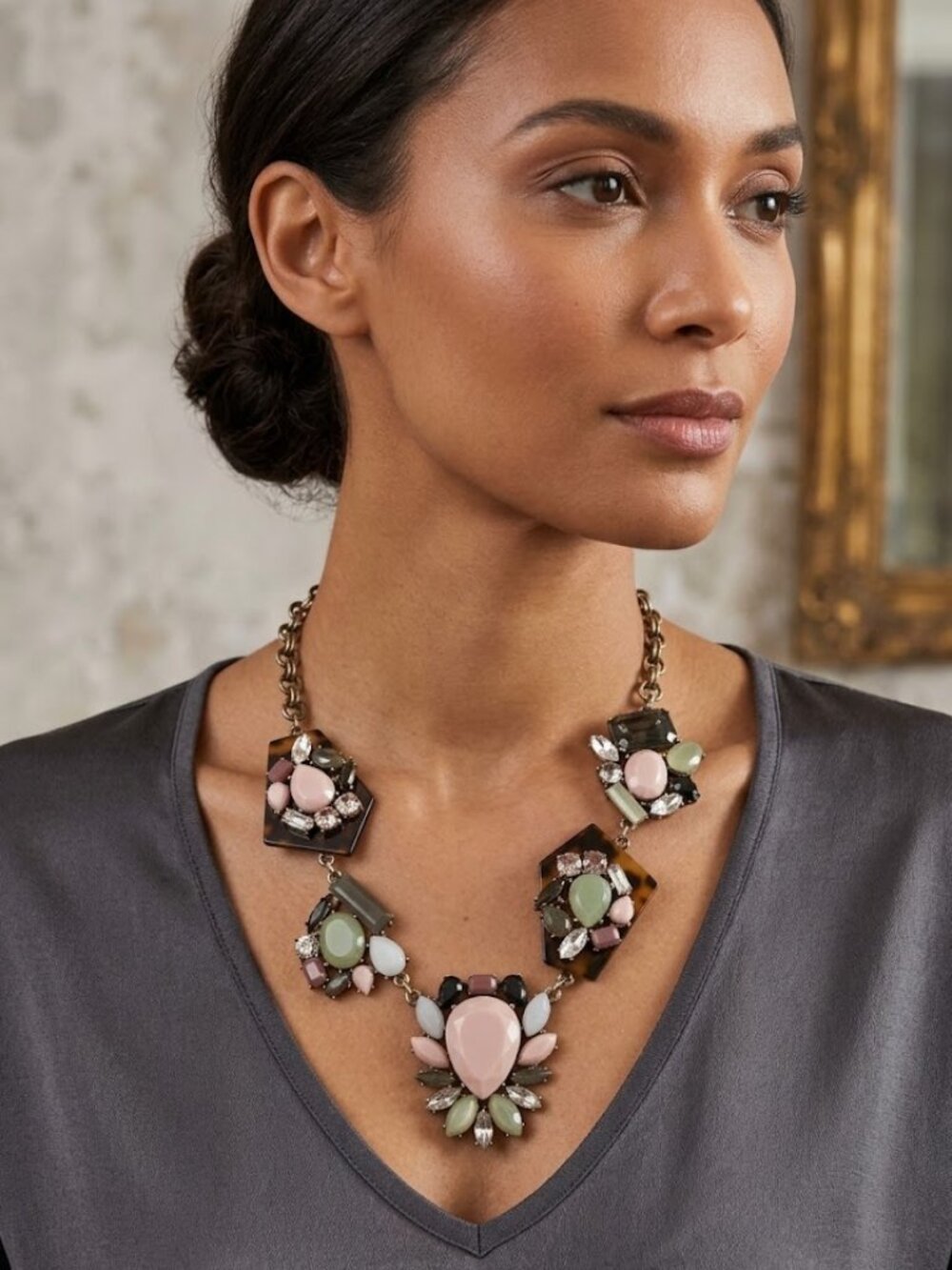 J Crew Tortoise Shell Resin Rhinestone Statement Bib Necklace Gold Tone Signed